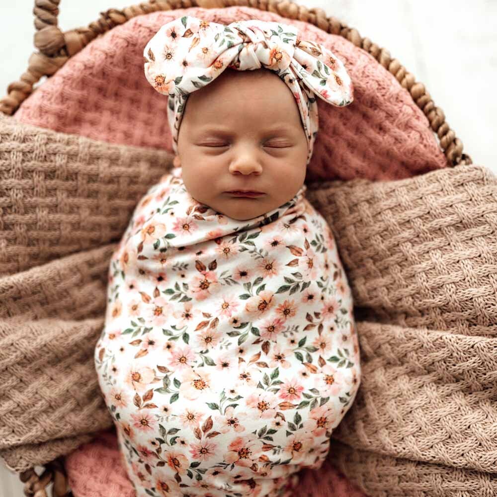Snuggle hunny spring floral organic snuggle swaddle and topknot set